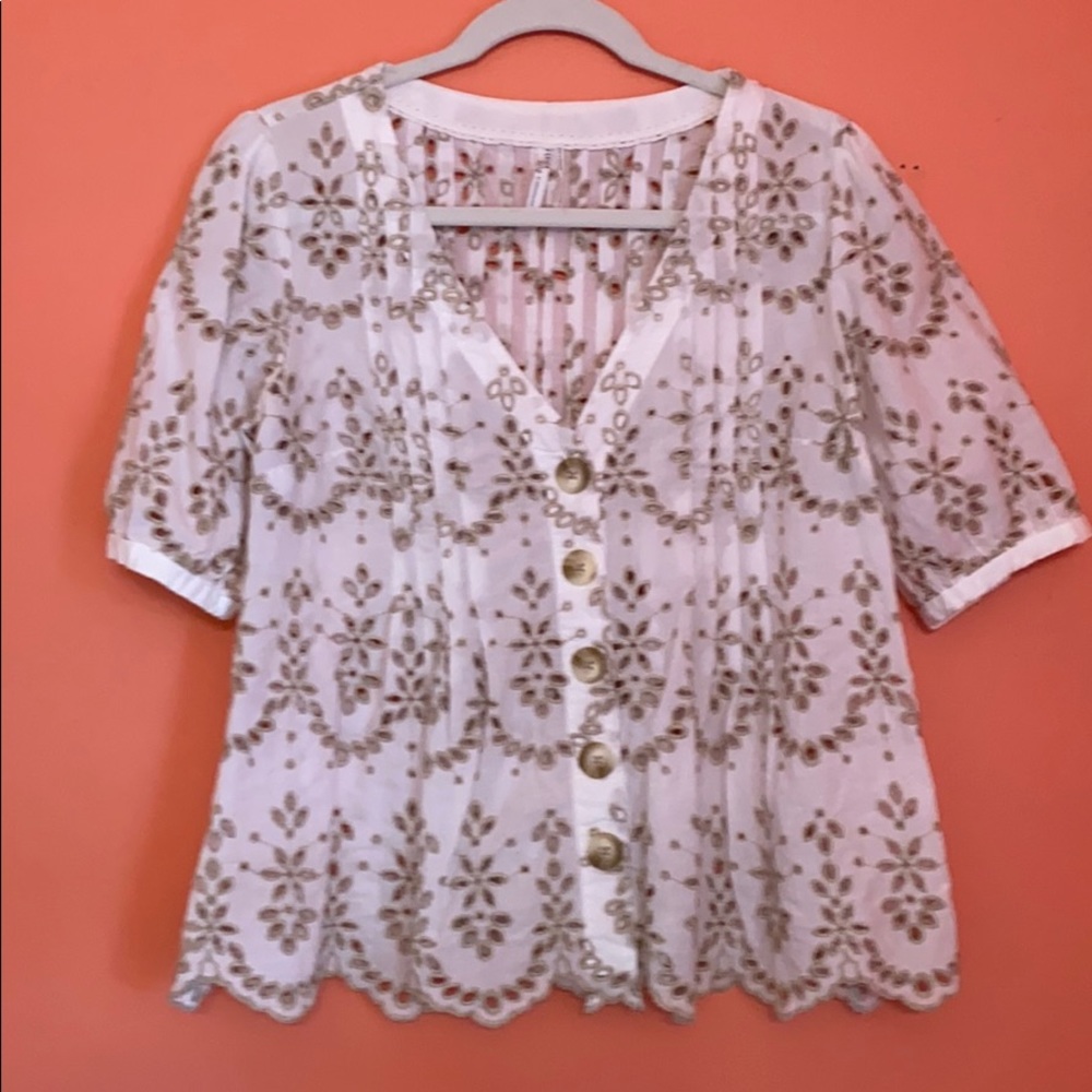 Anthropologie White Eyelet Button-Front Top